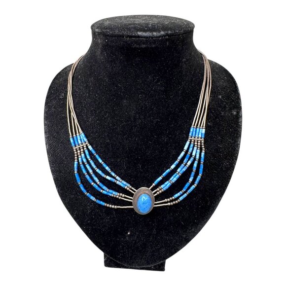 Vintage Sterling Rising Sun Turquoise Heishi Liquid Silver 5 Strand Necklace 925 - Picture 2 of 8